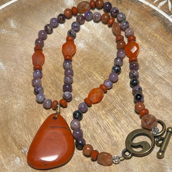 Energy Muse Strength Red Jasper, Carnelian, Sunstone & Charoite Beaded Necklace - Picture 6 of 13